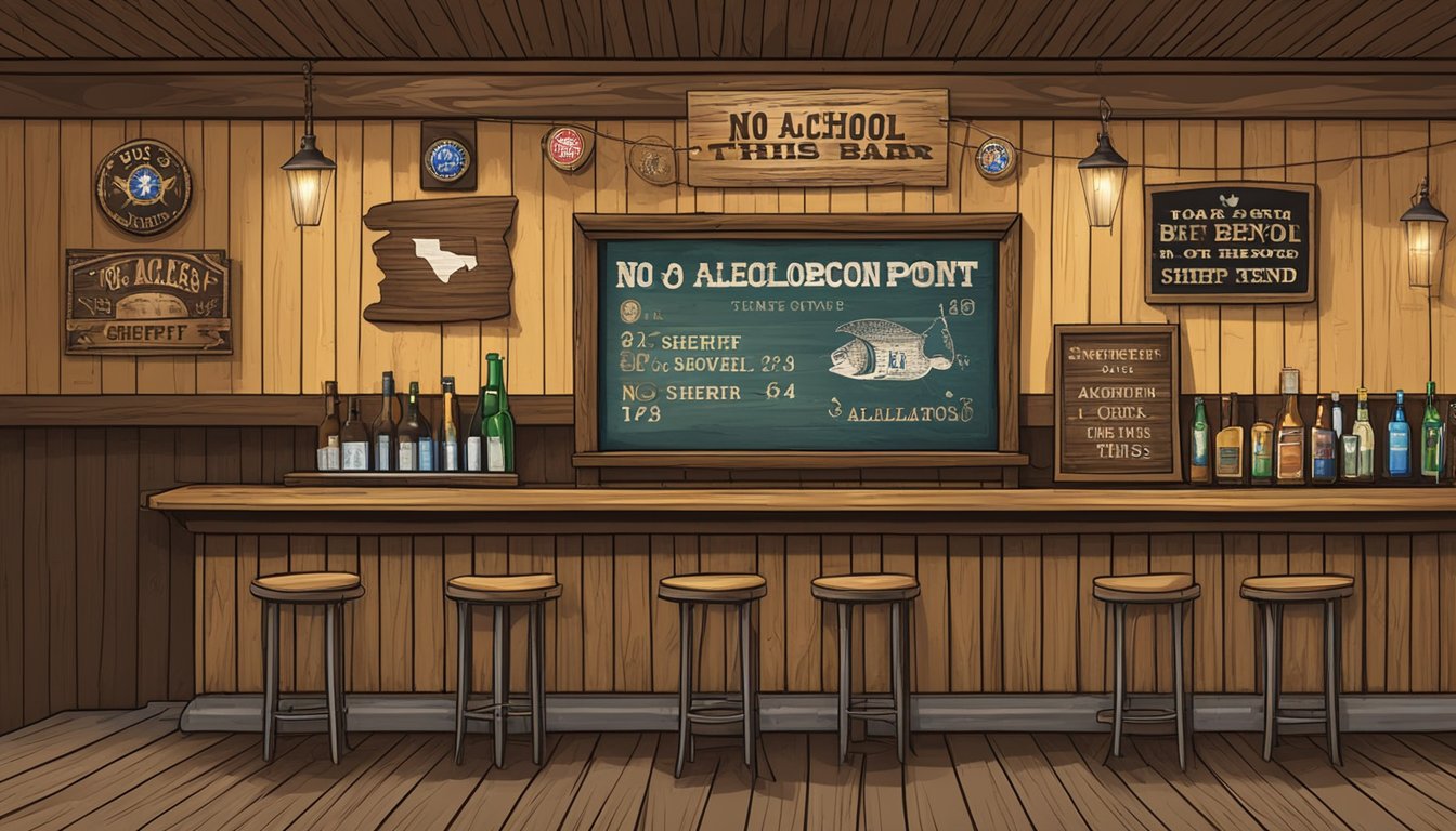 A rustic Texas bar with a "No Alcohol Beyond This Point" sign and a sheriff's badge on the wall