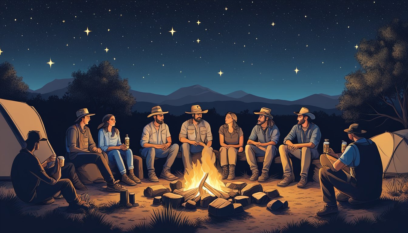 A group of people sitting around a campfire, with a cooler of beer nearby, under the starry night sky in Fisher County, Texas