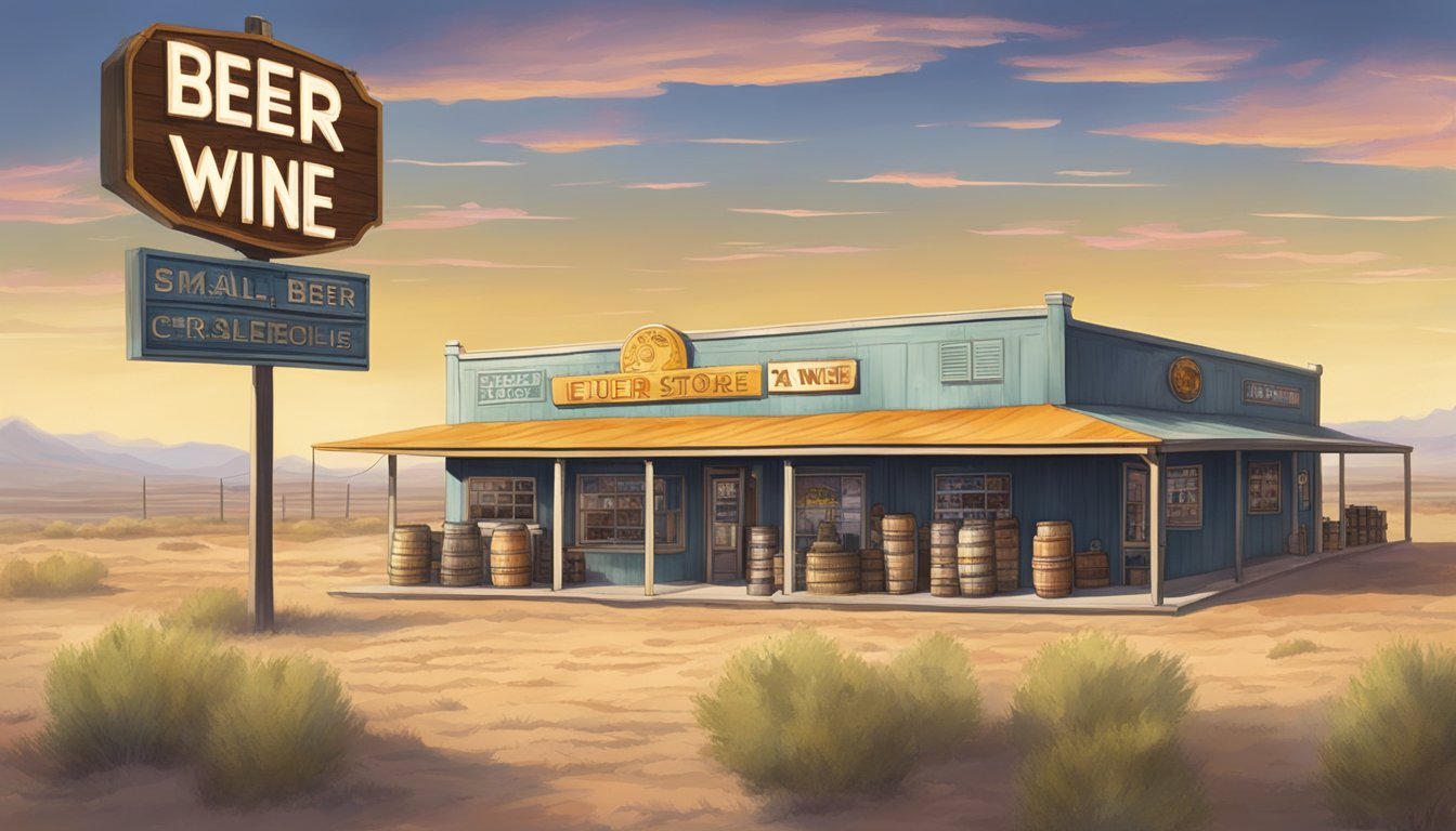 A dusty, small-town liquor store with a faded "Beer & Wine" sign, surrounded by vast Texan plains under a scorching sun