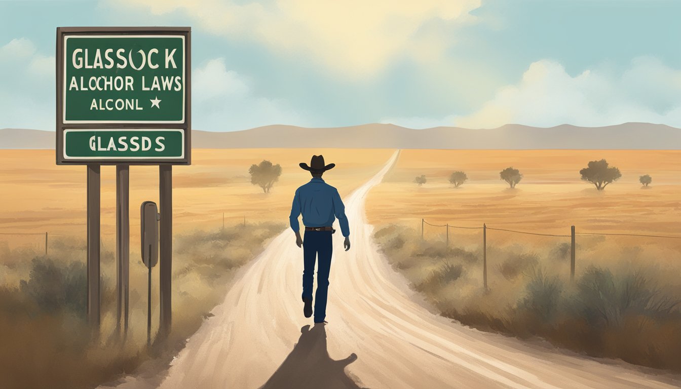 A dusty Texas road sign with "Glasscock County Alcohol Laws" in the background, surrounded by dry fields and a lone cowboy silhouette