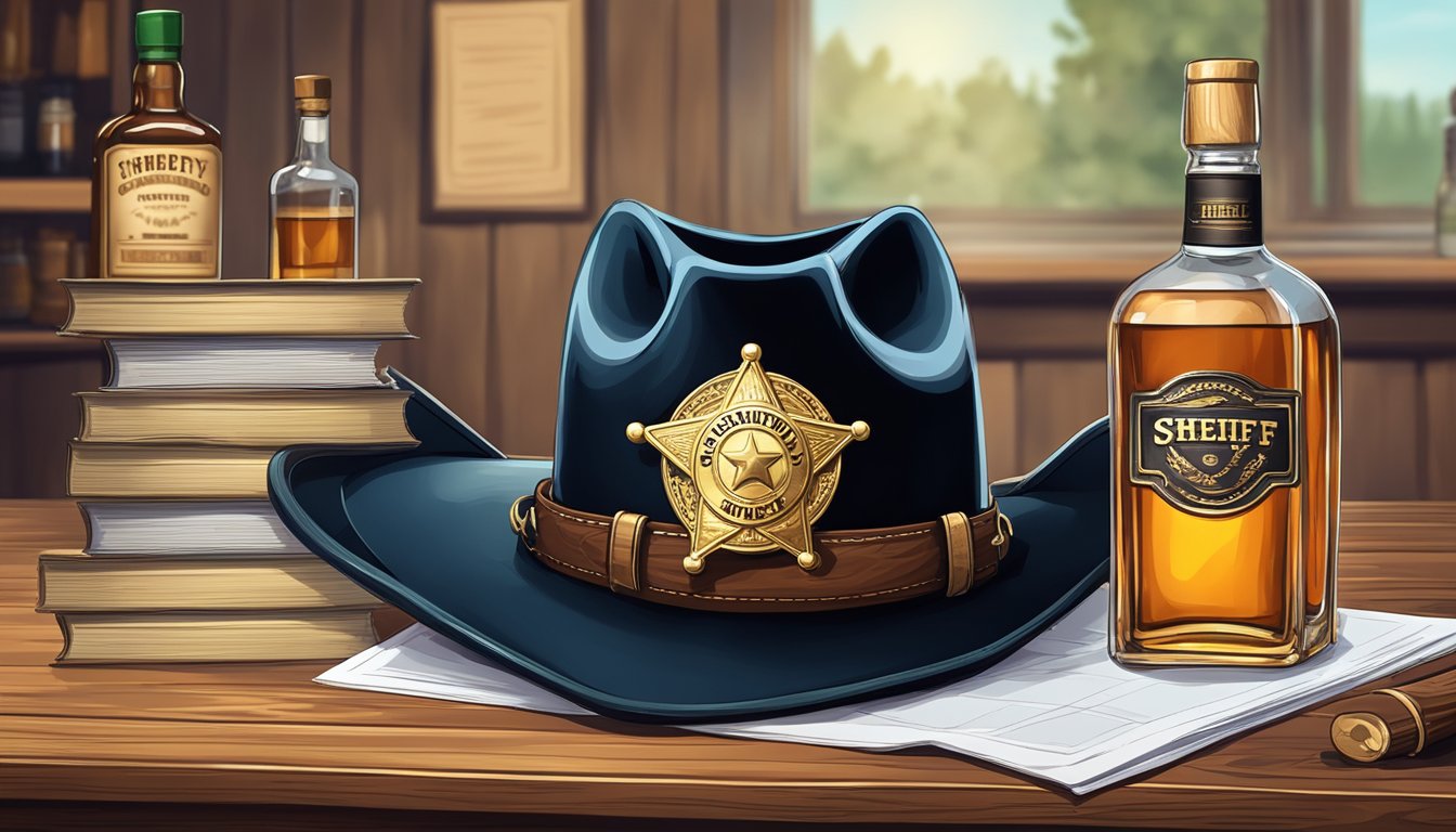 A sheriff's badge pinned to a cowboy hat, resting on a wooden desk with a stack of legal documents and a bottle of whiskey