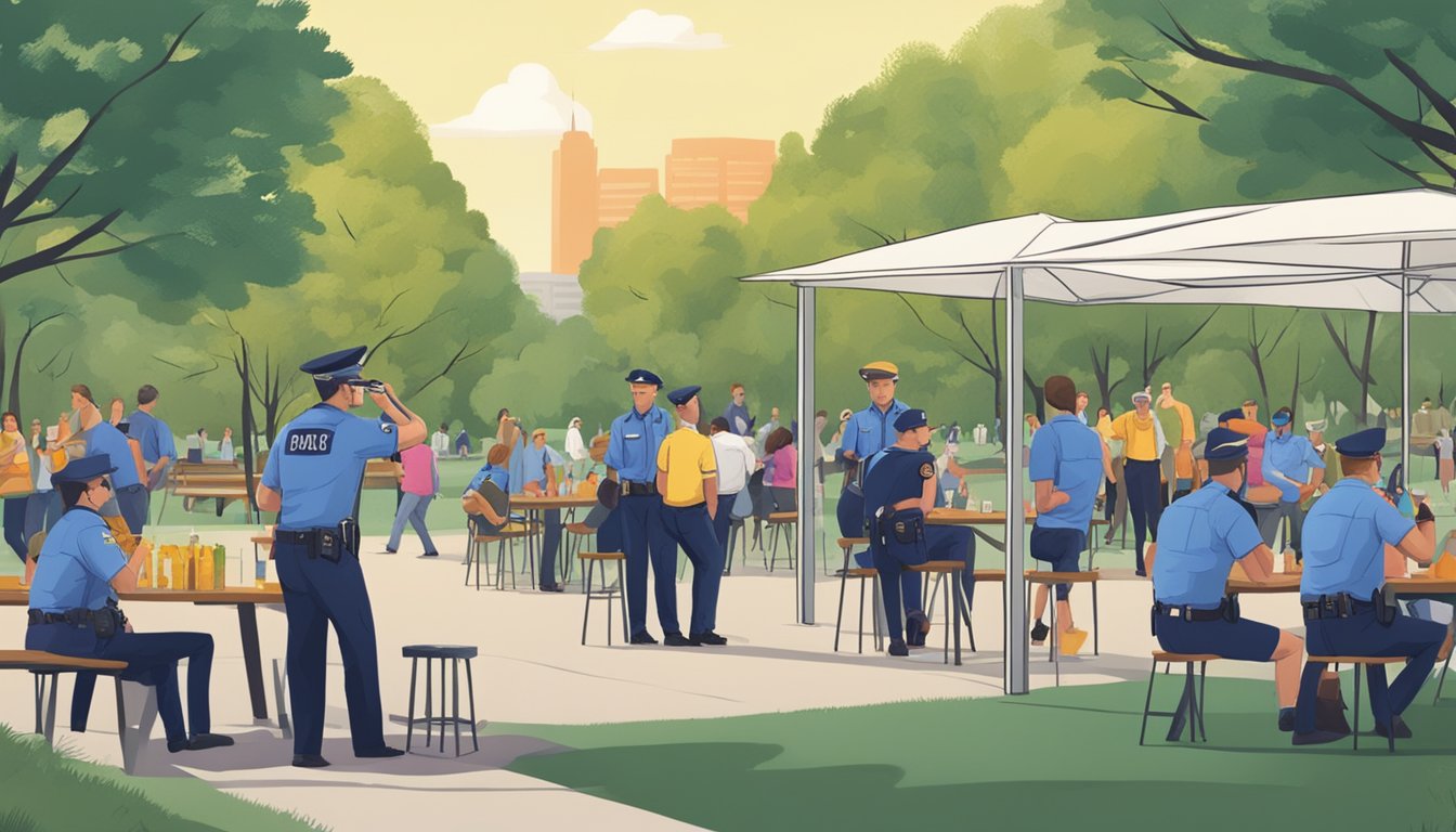 People drinking alcohol outdoors in a park, with police officers patrolling nearby to enforce public safety laws