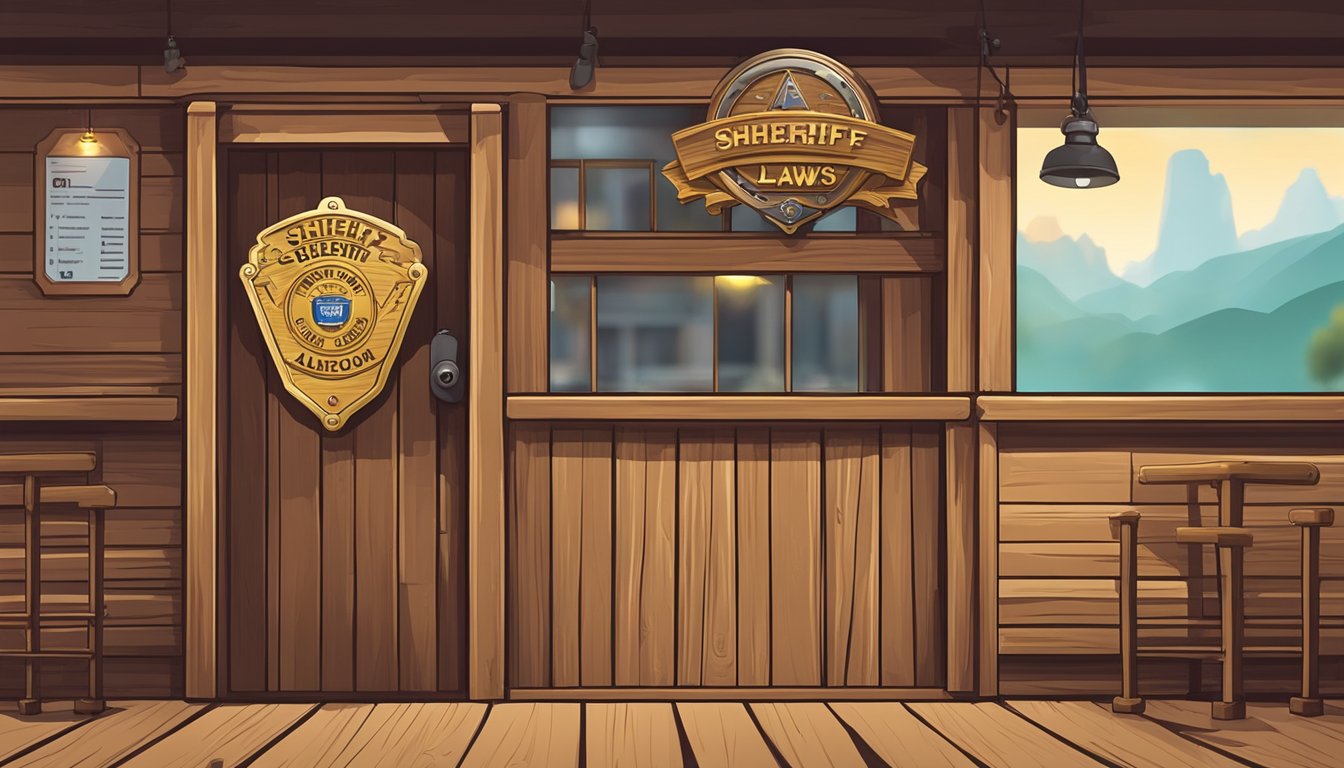 A sheriff's badge pinned to a wooden post outside a saloon. A sign displaying alcohol laws on the wall