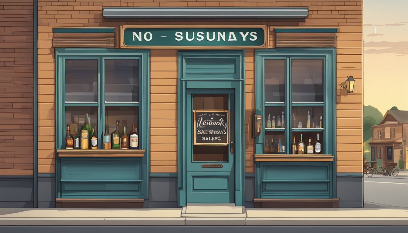 A small town bar with a "No Alcohol Sales on Sundays" sign on the door