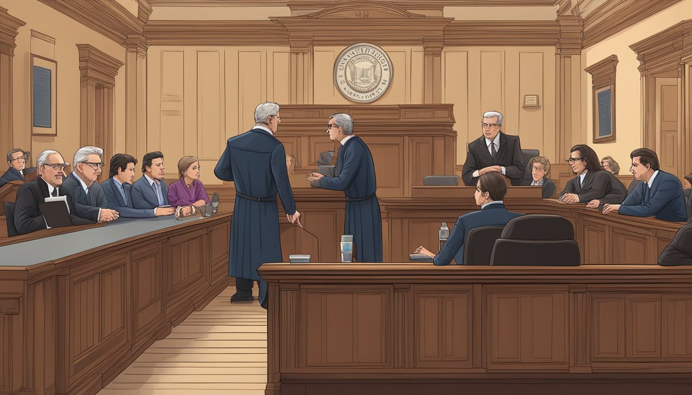 A courtroom scene with judges and lawyers discussing alcohol and drinking laws in Franklin County, Texas