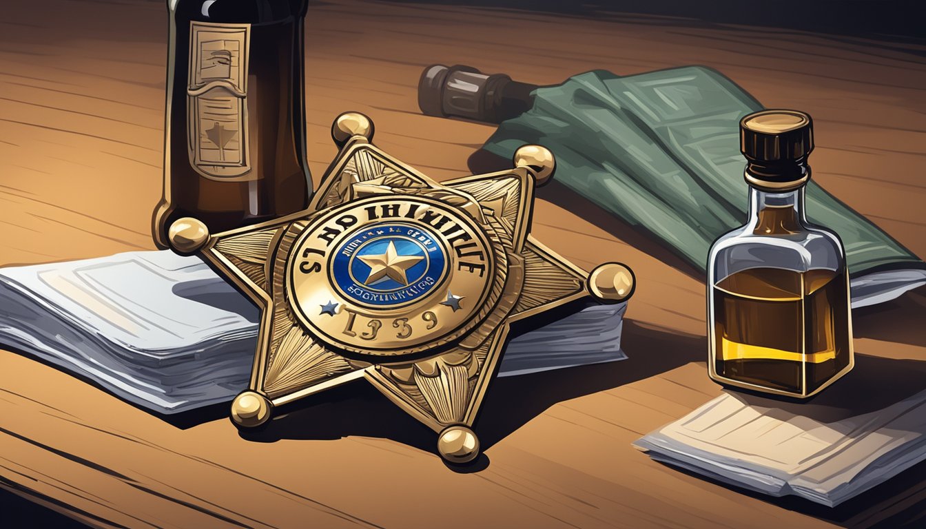 A sheriff's badge and a bottle of alcohol on a table in a dimly lit county courthouse