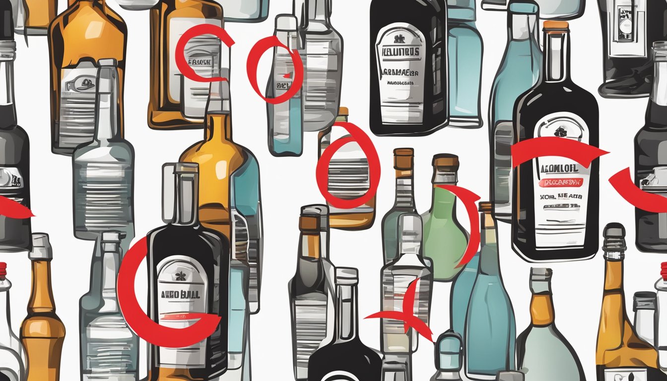 A sign with crossed out alcohol bottles and a red circle with a line through it