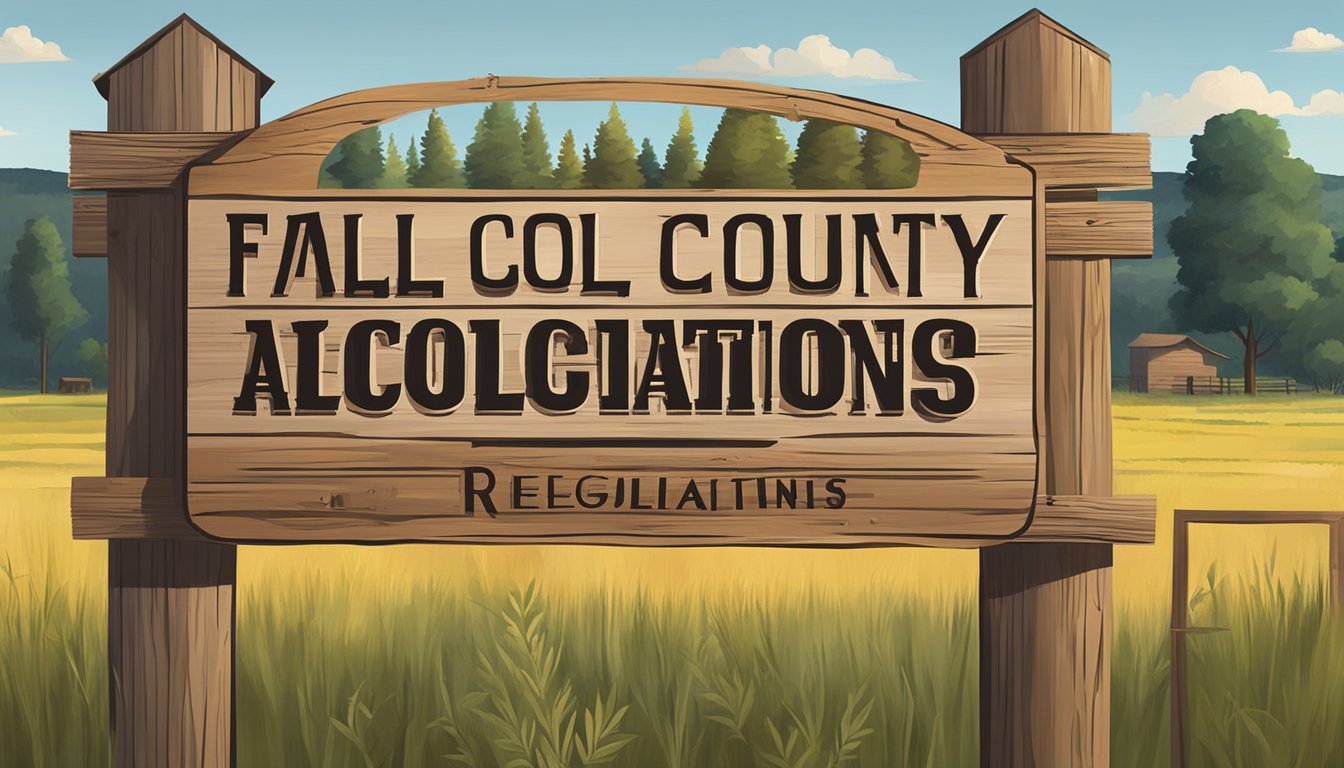 A rustic wooden sign with "Falls County Alcohol Regulations" painted on it, surrounded by a rural Texas landscape