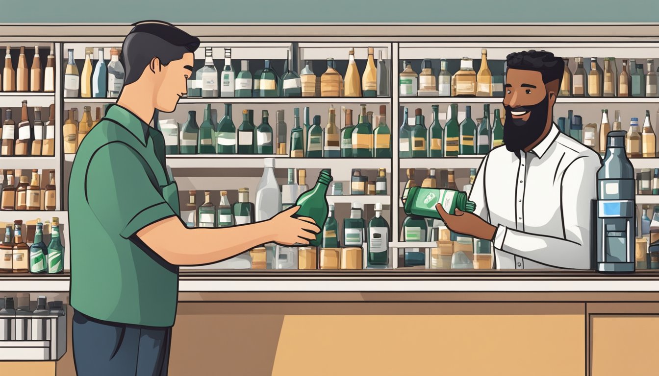 A person at a store counter, handing over money and receiving a bottle of alcohol