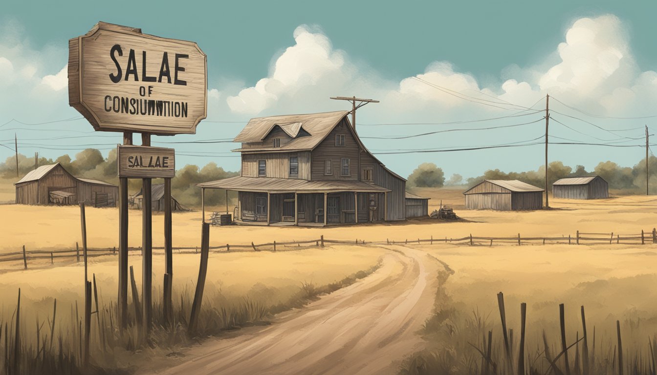 A dusty rural landscape with a small town in the background, featuring a weathered sign displaying the hours of alcohol sale and consumption in Floyd County, Texas