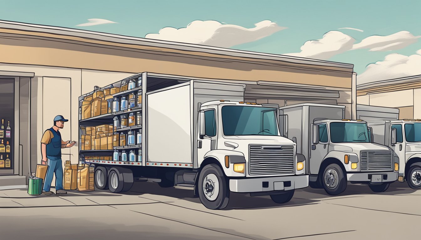 A delivery truck unloading cases of alcohol at a store in Glasscock County, Texas