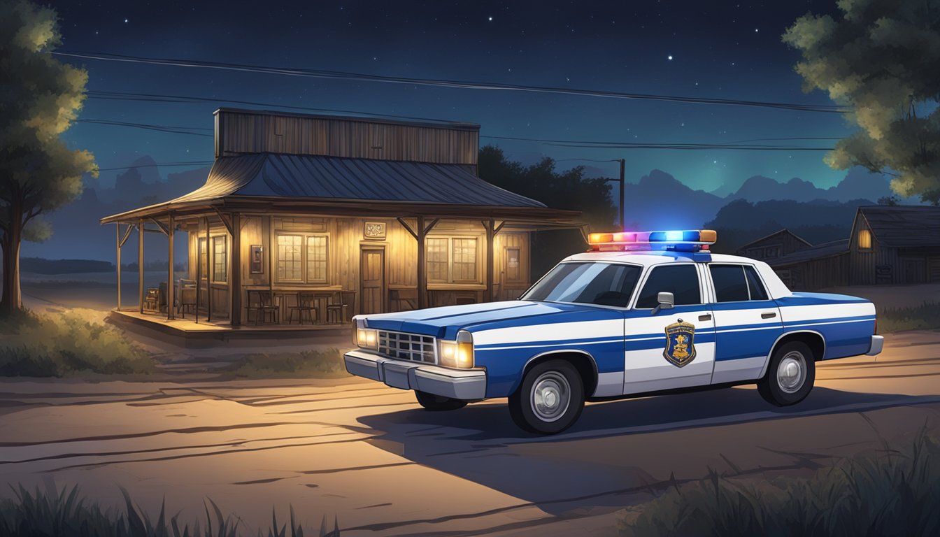 A police car pulls over a vehicle on a rural Texas road at night, with a deserted bar in the background