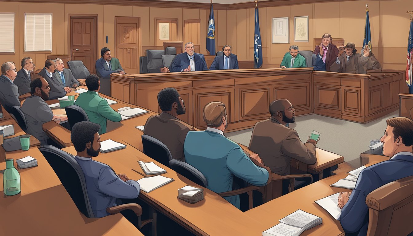 A courtroom scene with a judge, lawyers, and defendants discussing alcohol laws in Falls County, Texas