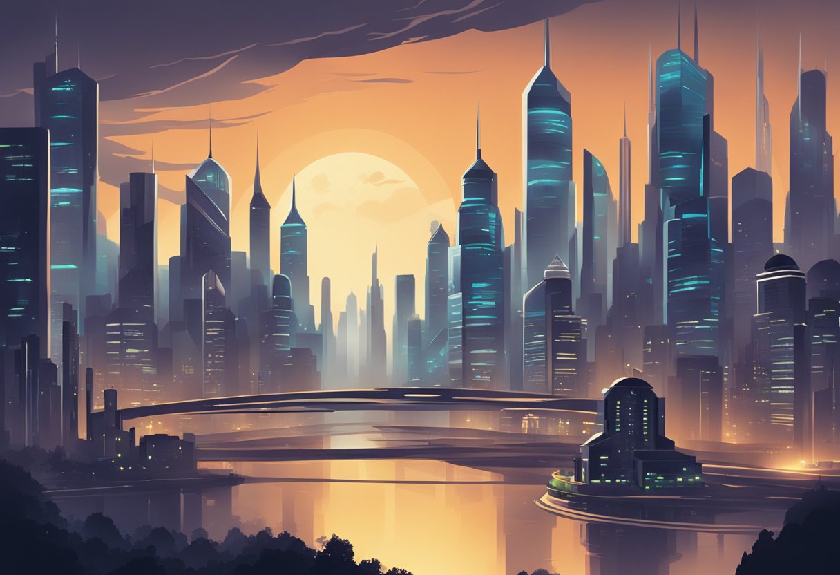 A futuristic city skyline with ominous, glowing eyes peering out from the shadows