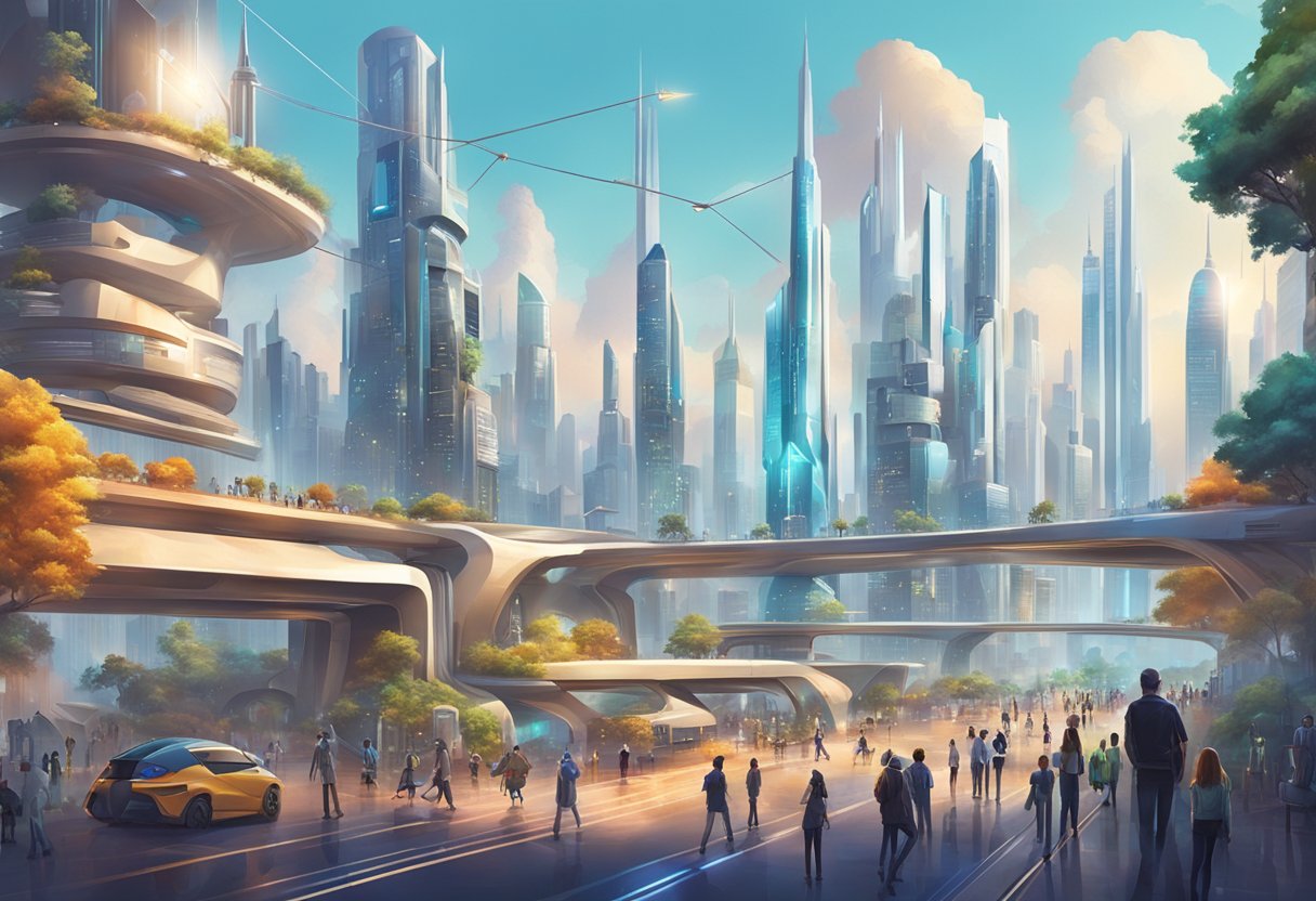 A futuristic city skyline with AI robots working alongside humans, showcasing harmony and collaboration