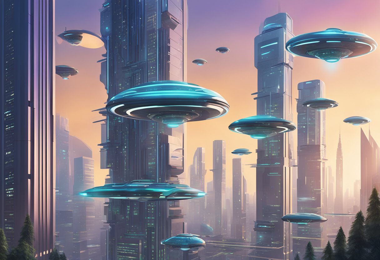 A futuristic cityscape with towering AI-controlled buildings and drones hovering in the sky