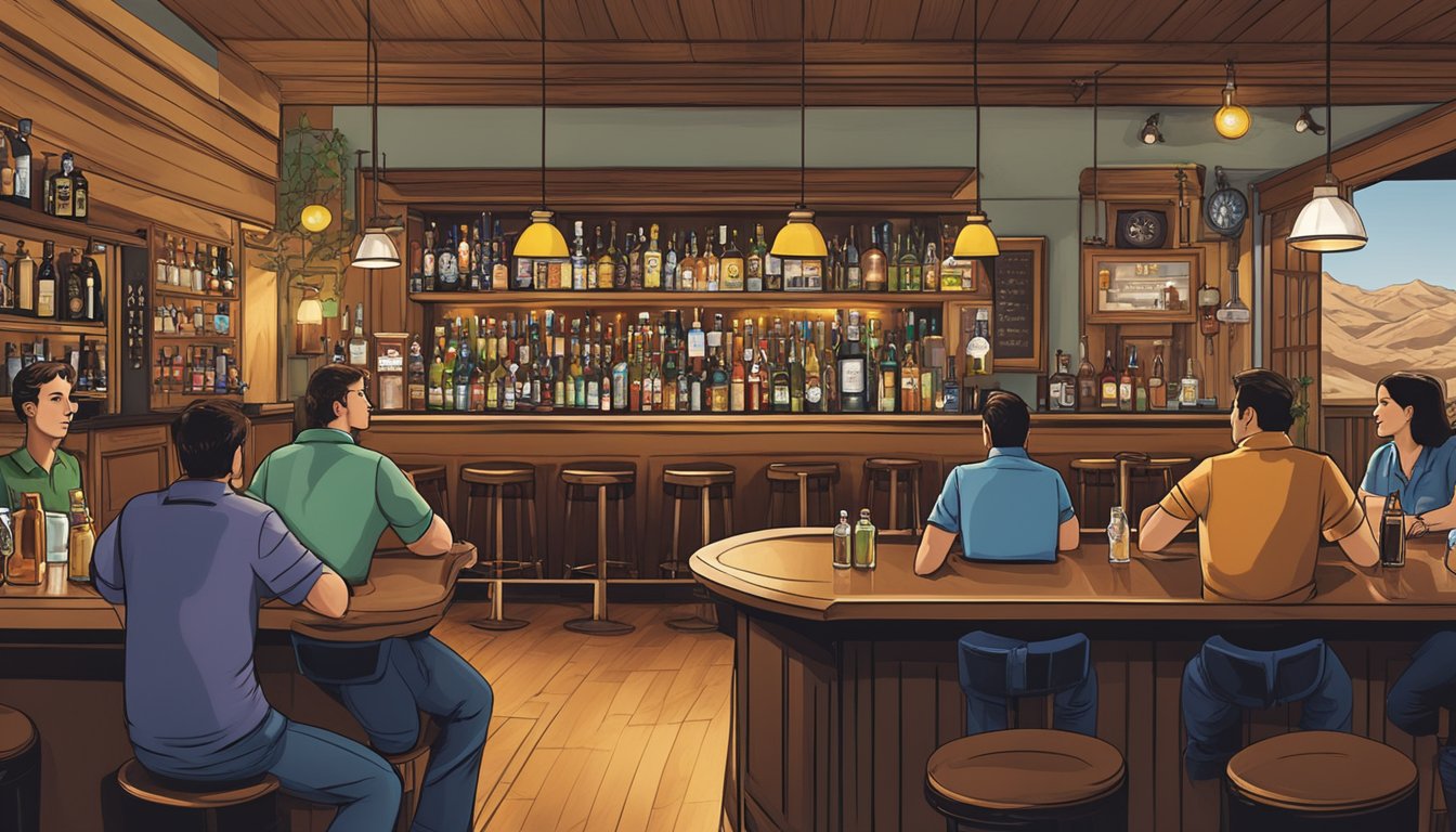 A bustling bar in El Paso County, Texas, with patrons enjoying drinks and a bartender serving alcohol in compliance with the Texas Alcoholic Beverage Code