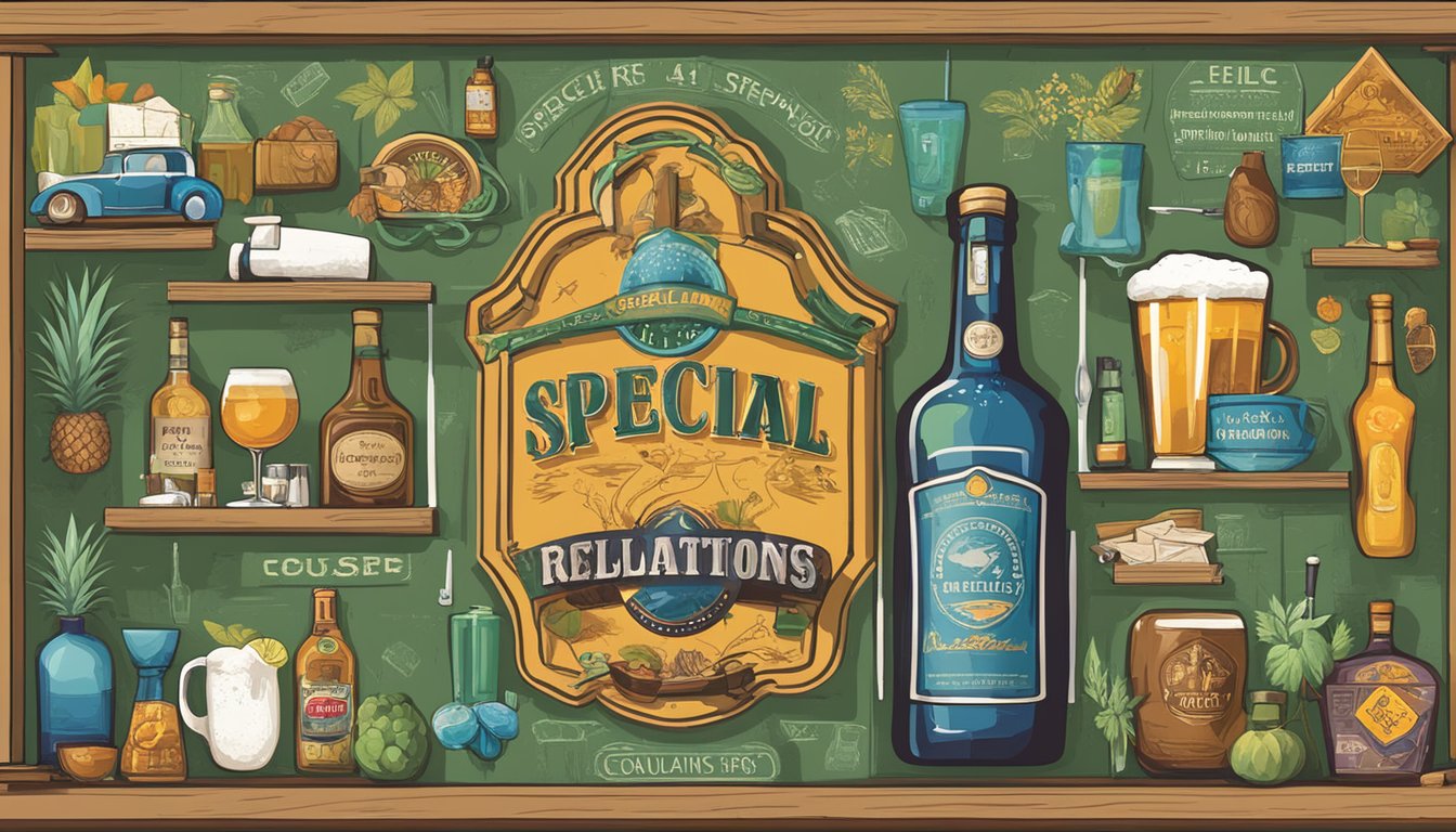 A sign with "Special Regulations in El Paso County" displayed prominently, surrounded by images of alcohol and drinking symbols