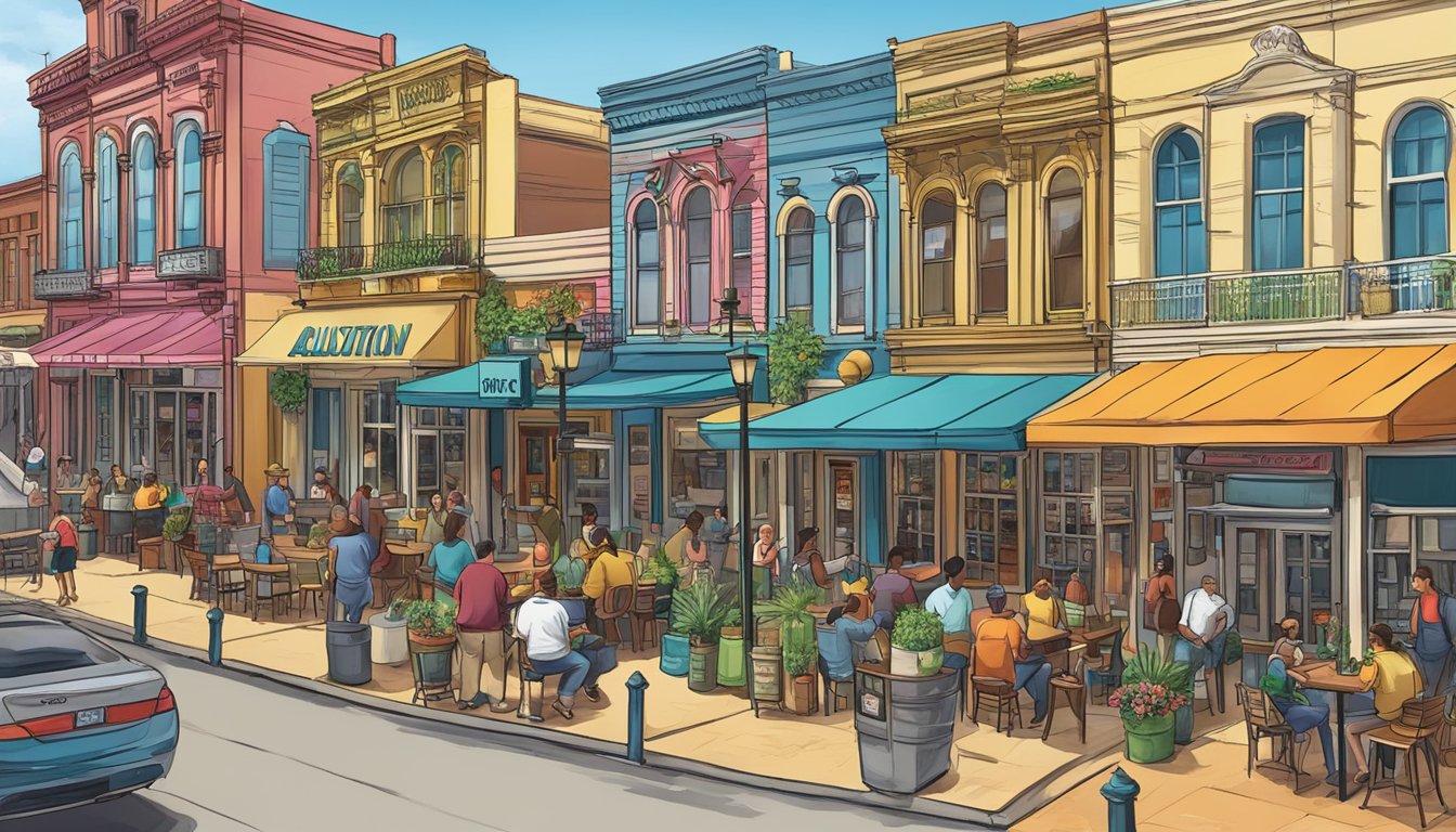 A vibrant street scene with a mix of bars, restaurants, and retail shops, showcasing the varied laws and regulations around alcohol consumption in Galveston County, Texas