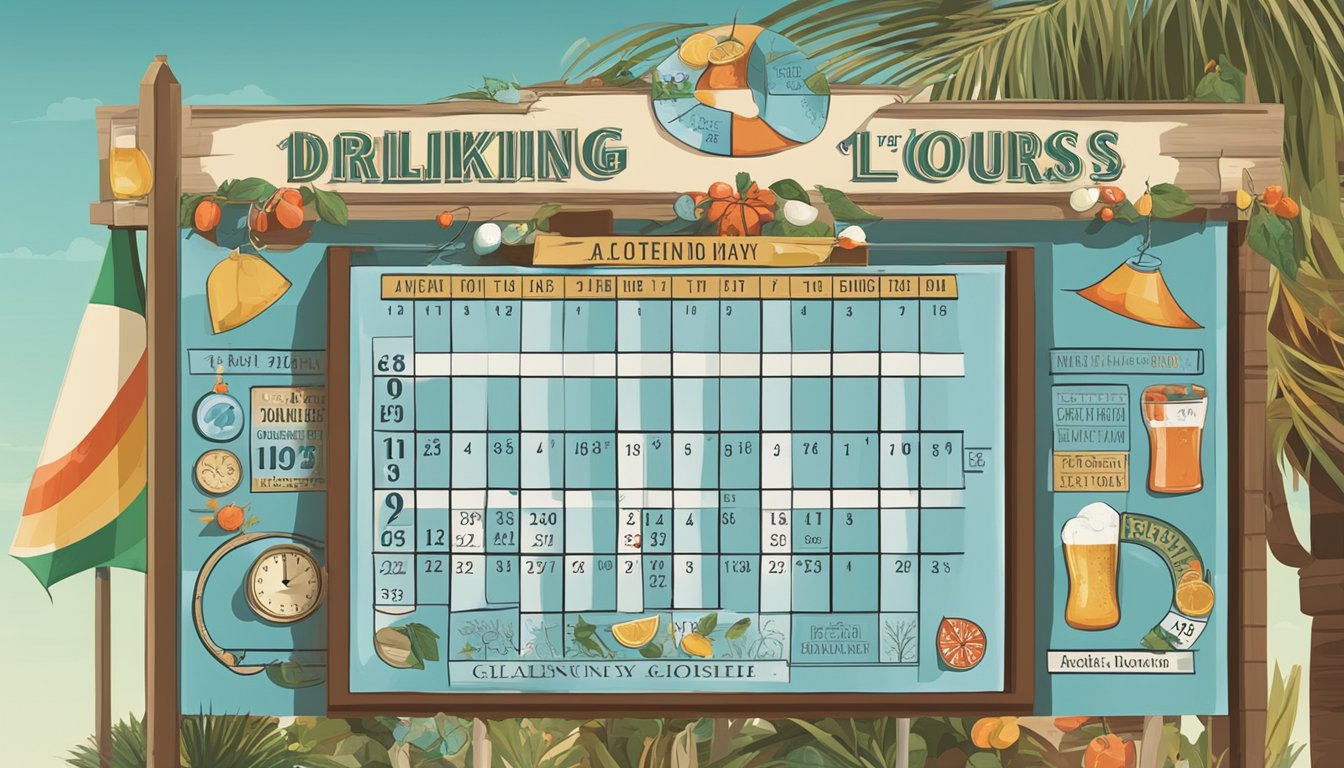 A sign with a clock showing operating hours and a calendar with holiday dates, surrounded by symbols representing alcohol and drinking laws in Galveston County, Texas