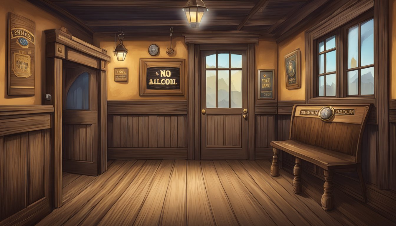 A dusty old saloon with a "No Alcohol" sign on the door. A sheriff's badge hangs on the wall