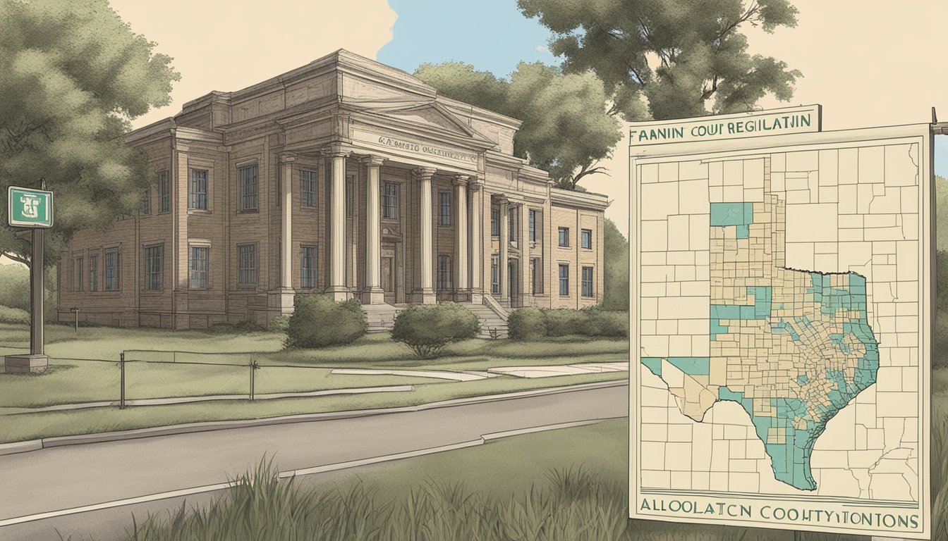 A rural Texas courthouse with a sign reading "Fannin County Alcohol Regulations" next to a map of the county