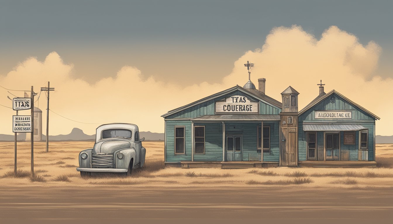 A dusty rural Texas town with a small, weathered courthouse and a faded sign displaying the Texas Alcoholic Beverage Code