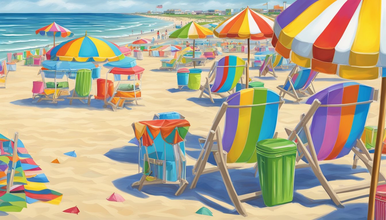 A festive beach scene with colorful umbrellas and coolers, featuring signs for "Special Events" and "Temporary Permits" in Galveston County, Texas