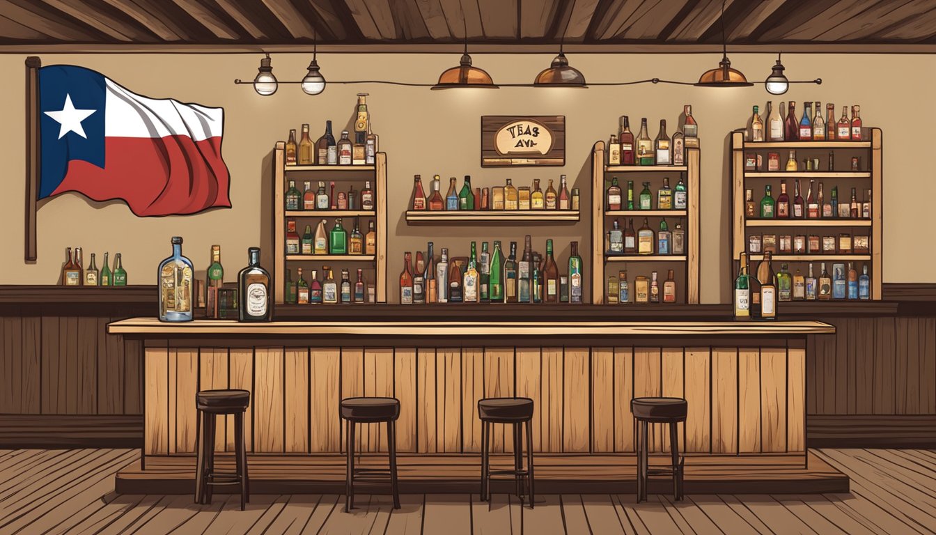 A rustic bar with Texas flag decor, shelves of alcohol, and a sign displaying county drinking laws