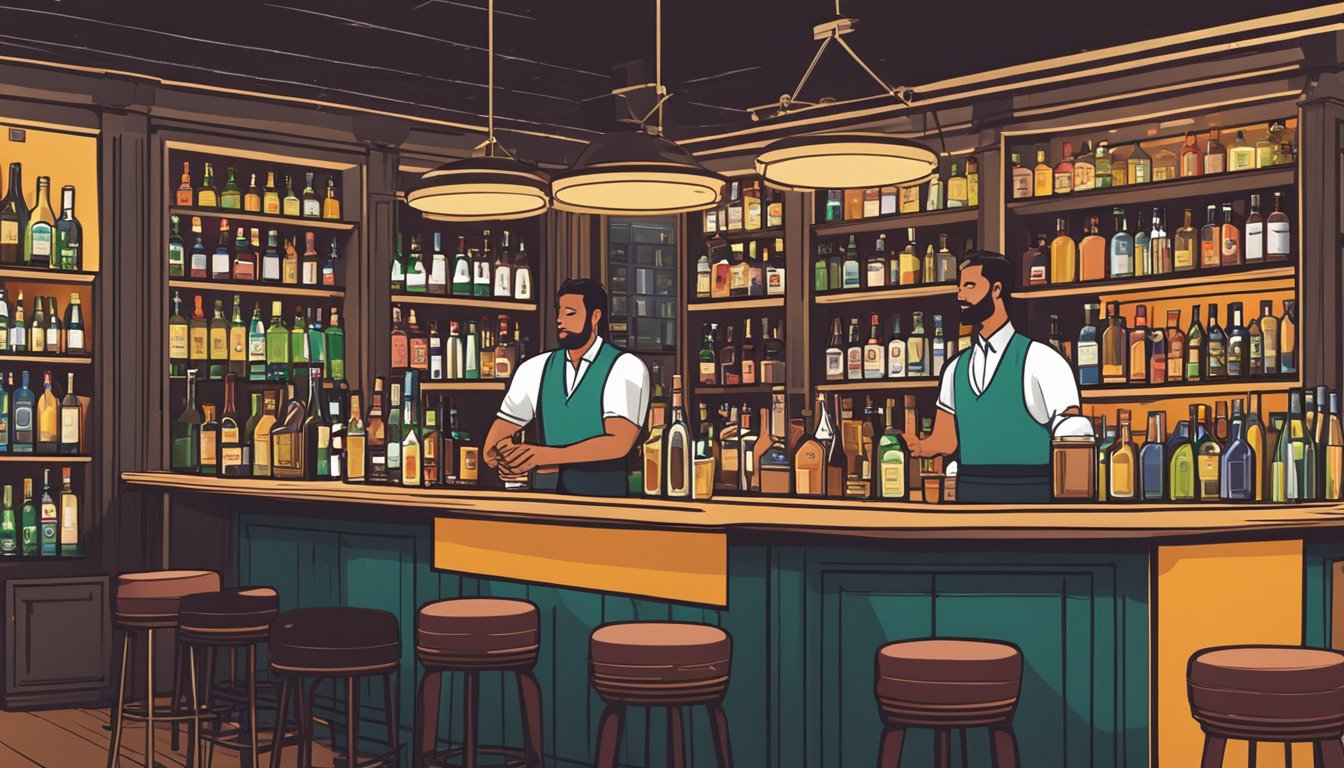 A bustling bar with shelves of alcohol and a bartender serving drinks to customers