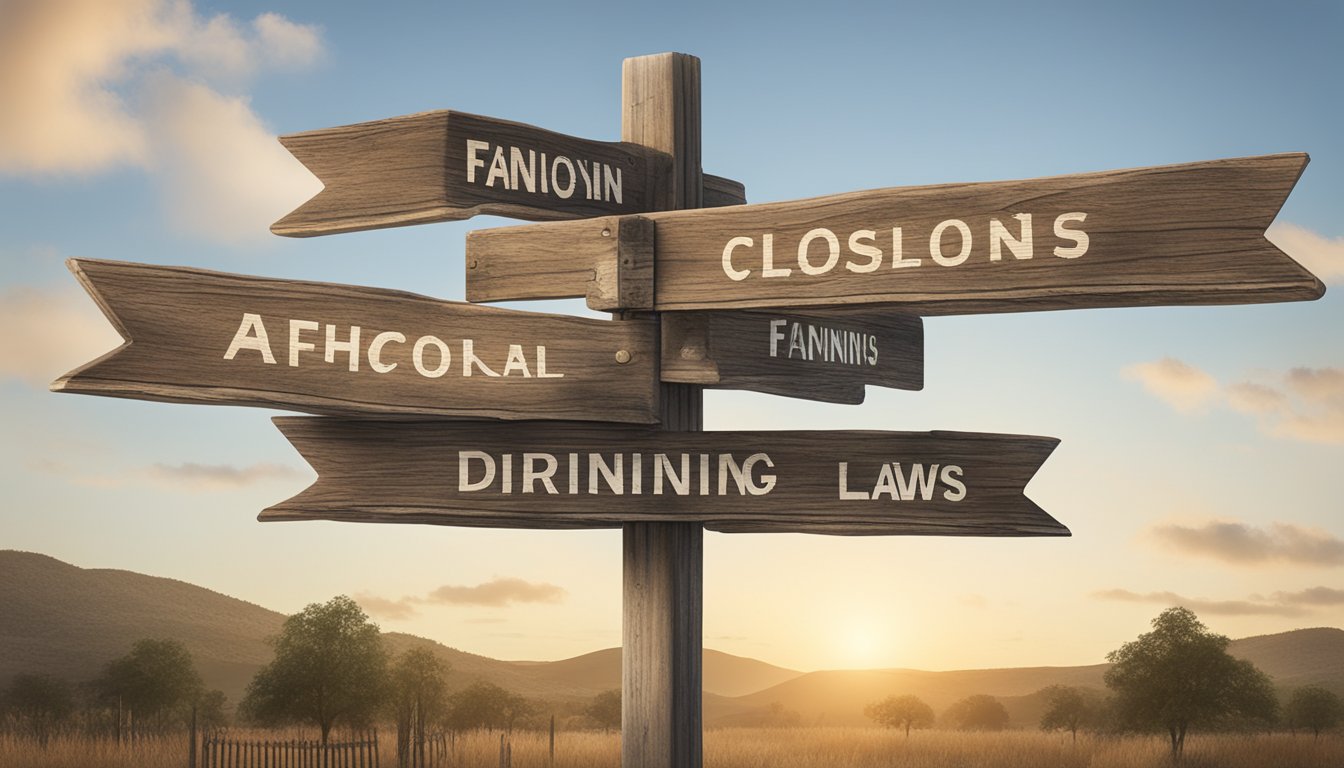 A rustic signpost with weathered wood and faded paint displays the operating hours and holiday closures for alcohol and drinking laws in Fannin County, Texas