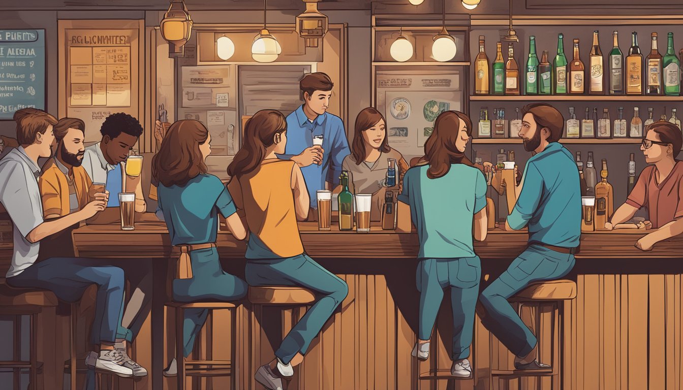 A group of people enjoying drinks at a local bar, with signs displaying the legal drinking age and reminders about public safety