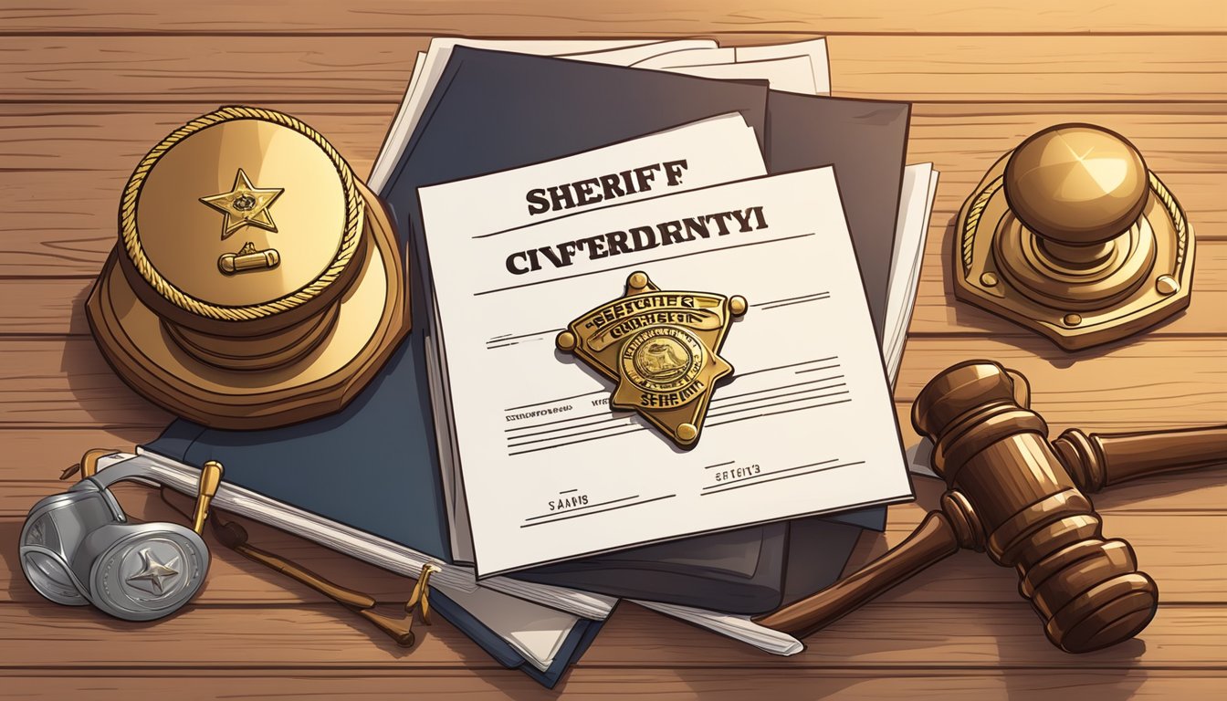 A sheriff's badge on a wooden desk, next to a stack of legal documents and a gavel