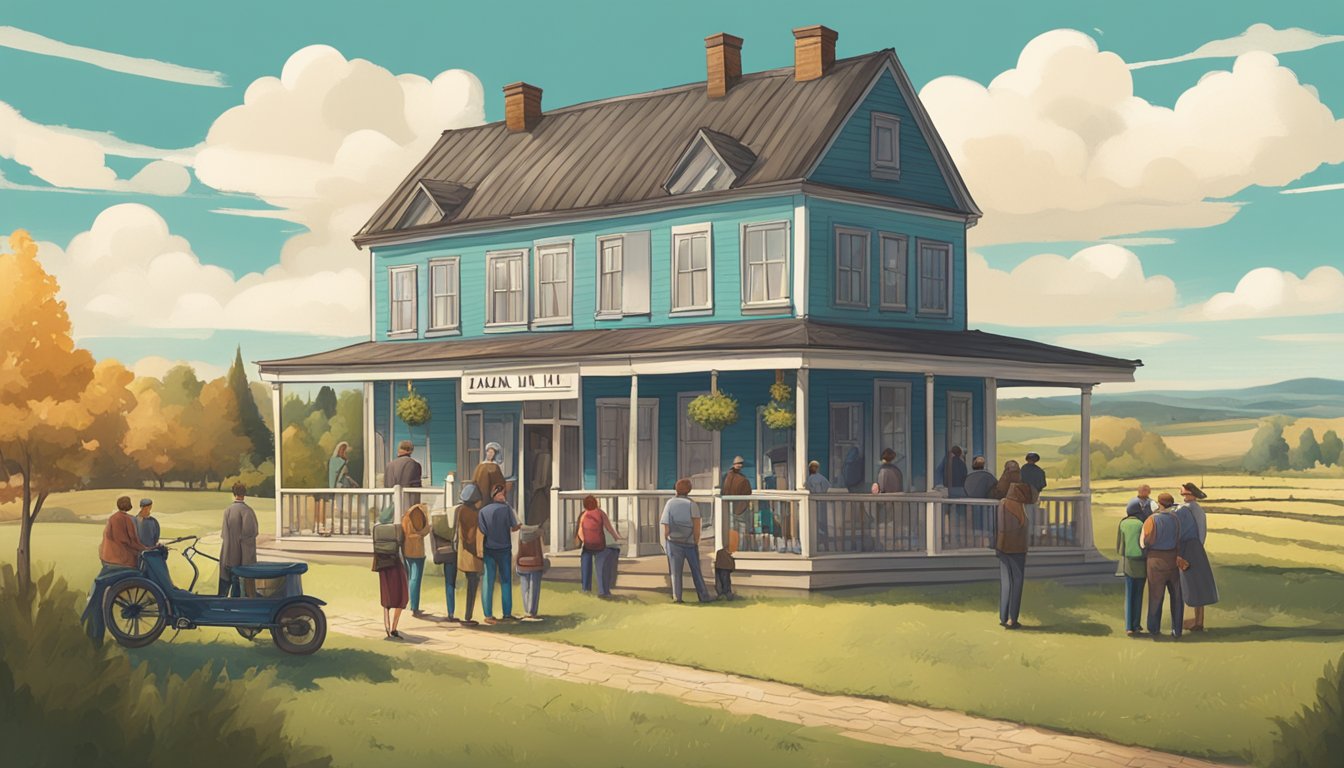 A rural landscape with a small town hall sign and a group of people discussing local alcohol laws