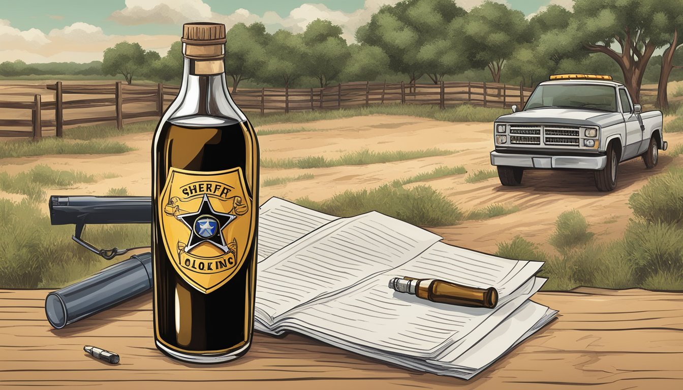 A rural Texas landscape with a sheriff's badge and a bottle of alcohol, surrounded by a no drinking sign and a legal document