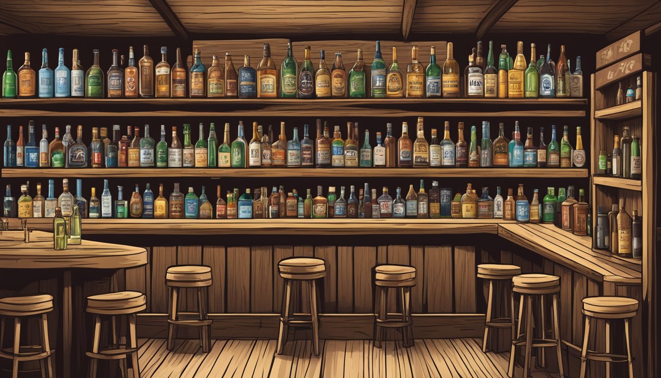 A rustic bar in Freestone County, Texas, with shelves of alcohol bottles and a sign displaying the Texas Alcoholic Beverage Code