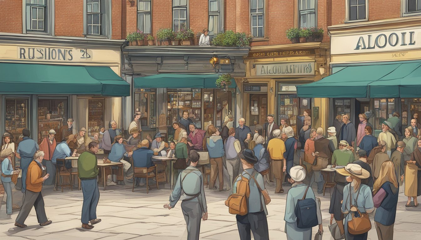 A bustling town square with a mix of old and new buildings, a prominent sign displaying "Alcohol Regulations" and a group of people discussing the sale of alcohol