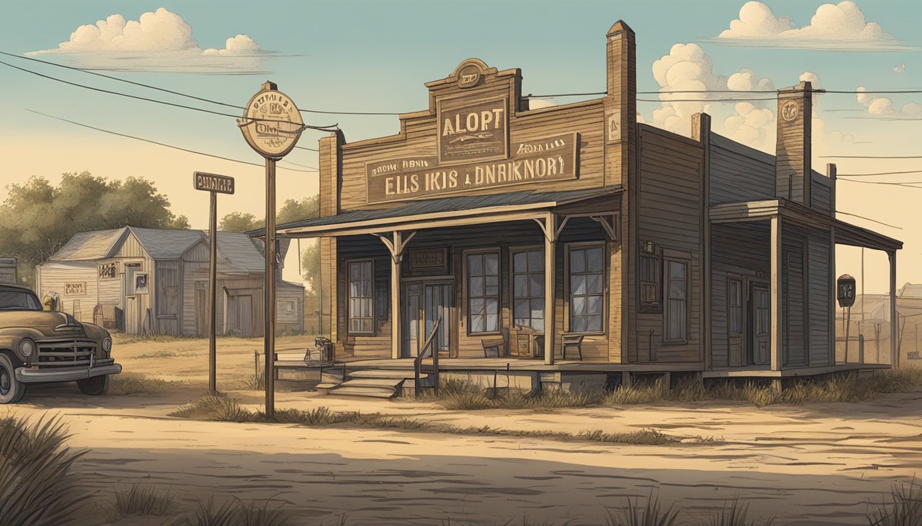 A dusty rural town in Ellis County, Texas, with a prominent sign displaying strict alcohol and drinking laws from the late 1800s