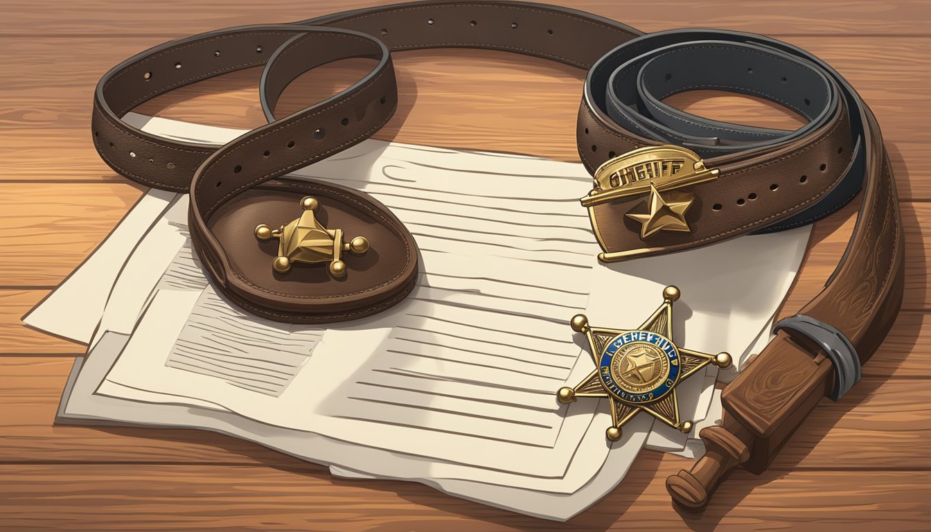 A sheriff's badge pinned to a worn leather belt, hanging next to a stack of legal documents and a gavel on a wooden desk