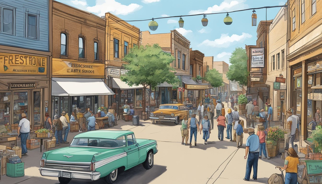 A bustling downtown street in Freestone County, Texas, with various businesses and signage related to alcohol and licensing laws