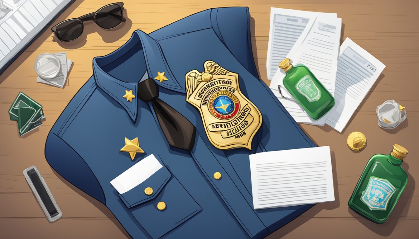 A sheriff's badge pinned to a uniformed shirt, next to a stack of legal documents and a sign displaying alcohol restrictions