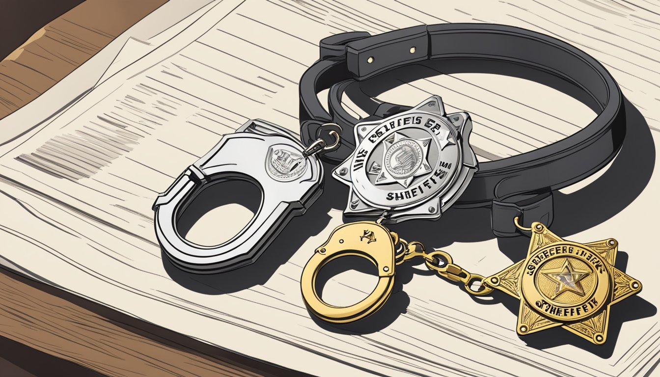 A sheriff's badge and handcuffs on a table next to a stack of legal documents