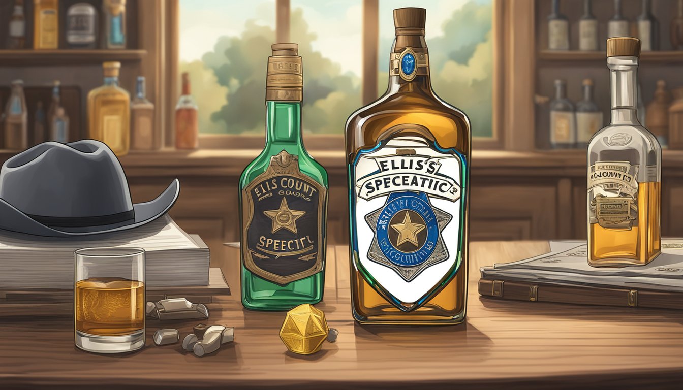 A sheriff's badge and a bottle of alcohol sit on a table, with a sign displaying "Ellis County Specifics" in the background