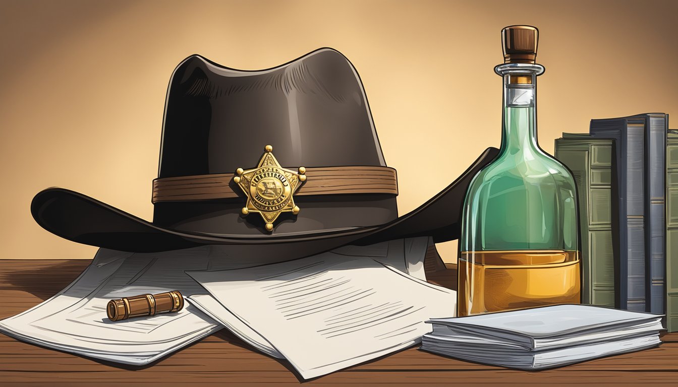 A sheriff's badge pinned to a cowboy hat rests on a table beside a stack of legal documents and a bottle of alcohol