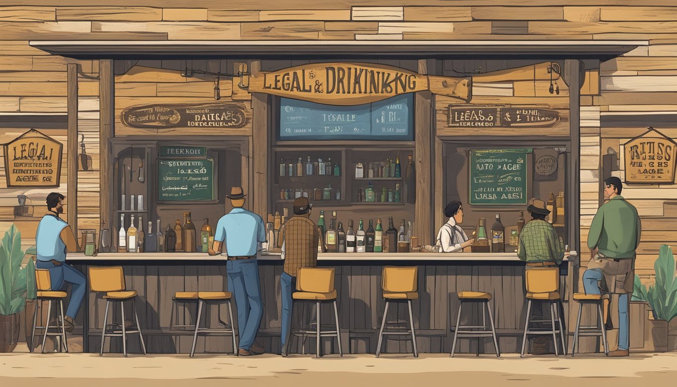 A rustic bar with a sign displaying "Legal Drinking Age" and "Related Laws" in Foard County, Texas. Customers are seen enjoying drinks while following alcohol regulations