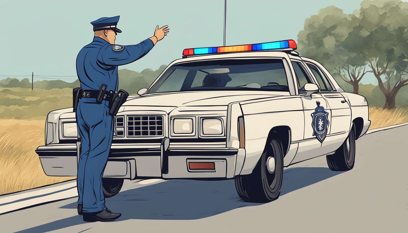 A police officer conducting a field sobriety test on a driver at a roadside checkpoint in a rural Texas county