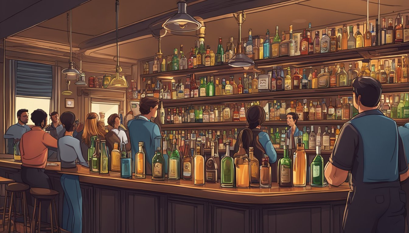 A crowded bar with various alcoholic beverages on shelves, a bartender serving drinks, and patrons enjoying their drinks at tables