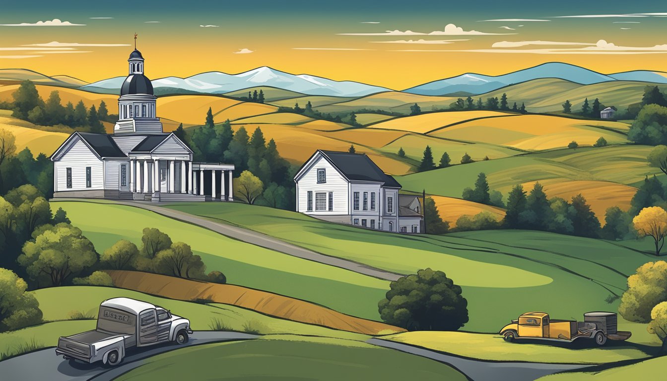 A rural landscape with a small town surrounded by rolling hills, featuring a courthouse and a sign displaying alcohol laws