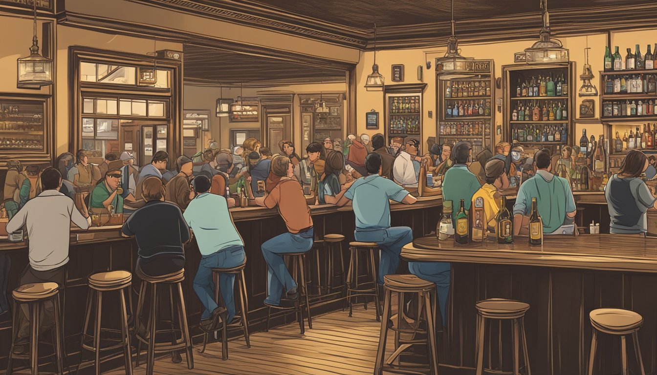 A bustling bar scene in Ector County, Texas, with patrons enjoying alcoholic beverages in compliance with local alcohol and drinking laws