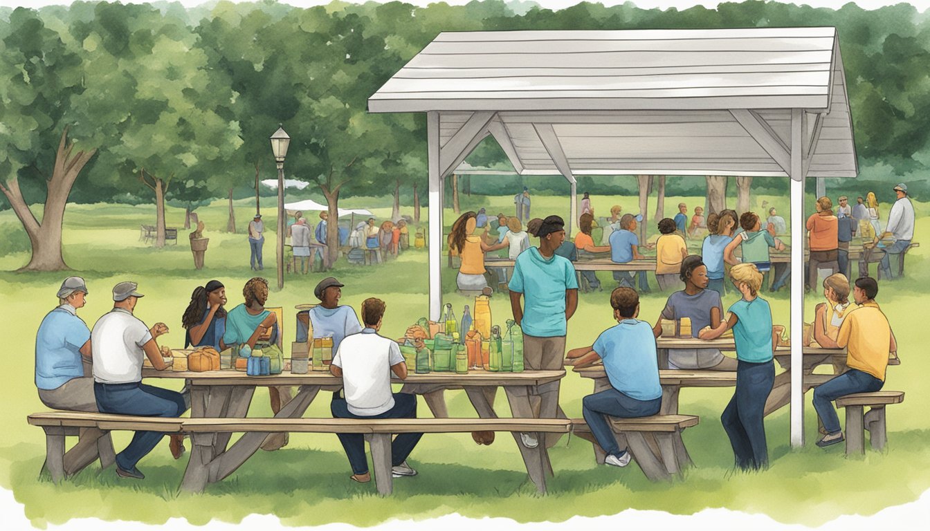 A group of people sitting at a picnic table with a sign displaying Fayette County Alcohol Regulations in the background